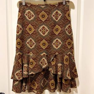 ANN TAYLOR LOFT AUTUMN A-LINE TIERED RUFFLE SKIRT SZ 4 RUST GOLD OLIVE TAN BROWN